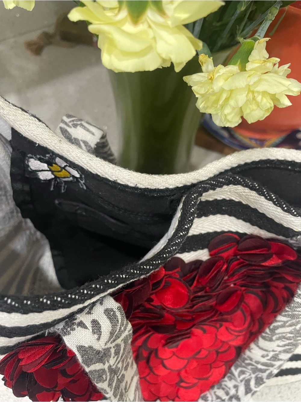 Handmade by Martini Pink Striped Tote Bag with dimensional Red Heart and Rose. - Picture 9 of 12